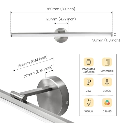 KAISITE Bathroom Light Fixture Over Mirror 30IN Brushed Nickel LED Vanity Light 24W 3000K Dimmable Modern Bathroom Wall Mount Lighting Fixture Rotatable Bath Vanity Light Bar - color: Brushed Nickel, size: 30 Inch