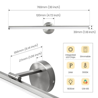 KAISITE Bathroom Light Fixture Over Mirror 30IN Brushed Nickel LED Vanity Light 24W 3000K Dimmable Modern Bathroom Wall Mount Lighting Fixture Rotatable Bath Vanity Light Bar - color: Brushed Nickel, size: 30 Inch