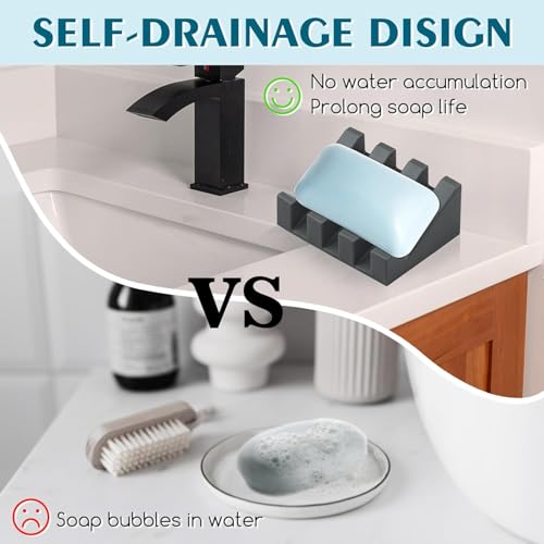Silicone Soap Dish Self Draining with Suction Cups (Gray, 1 Pack) | Waterfall drainage design drains fast to keep soap dry silicone soap saver with reusable suction cups for bathroom & kitchen - color: Gray, size: 1