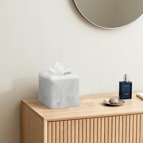 Resin Tissue Box Cover, Modern Square Holder,White | White resin tissue box cover with modern square design and silicone feet for bathroom vanity, office desk, and living room - color: White