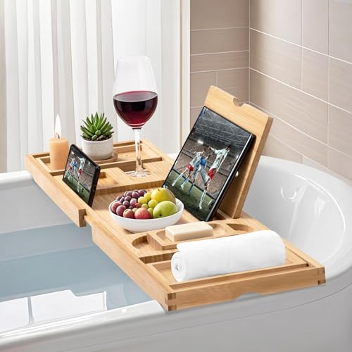 Bathtub Tray, Bamboo Bath Tray for Tub, Expandable Bath Tray with Bamboo Book Stand, Soap Tray, Bathtub & Bathroom Accessories Perfect for Home Spa, Natural Colour