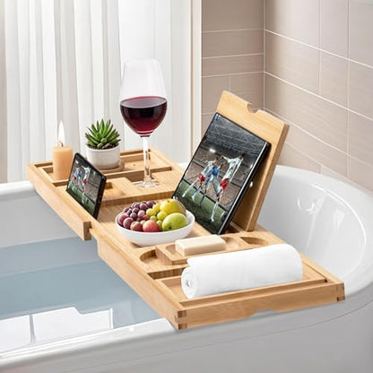Bathtub Tray, Bamboo Bath Tray for Tub, Expandable Bath Tray with Bamboo Book Stand, Soap Tray, Bathtub & Bathroom Accessories Perfect for Home Spa, Natural Colour