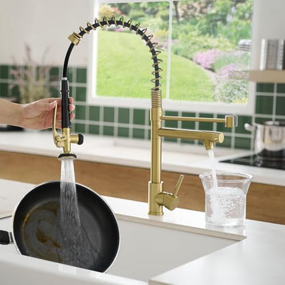 Fapully Commercial Brushed Gold Kitchen Faucet with Pull Down Sprayer | High-Pressure Flow,1.8 GPM Kitchen Faucet Single Handle Spring Faucets for Kitchen Sink - color: Brushed Gold, style: Classic