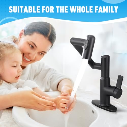 Bathroom Sink Faucet, Rotatable Faucet with Temperature Display in Celsius(Batteries-Free), 1080° Swivel | 3 Water Modes Black Faucet for Bathroom Kitchen Rv, LCF-2401, Matte Black - color: Matte Black - Celsius