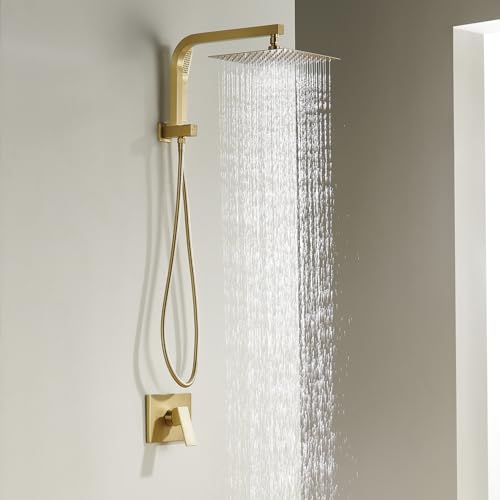 Brushed Gold Shower System with 10Inch Rain Shower Heads with Handheld Spray Combo, Gold Shower Faucet Set with Rain Shower and Handheld, Gold Shower Head and Handle Set(Shower Valve Kit Included) - color: Brushed Gold
