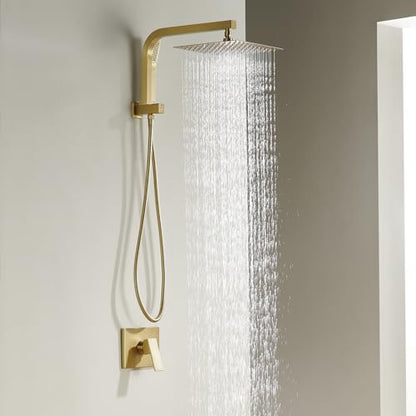 Brushed Gold Shower System with 10Inch Rain Shower Heads with Handheld Spray Combo, Gold Shower Faucet Set with Rain Shower and Handheld, Gold Shower Head and Handle Set(Shower Valve Kit Included) - color: Brushed Gold