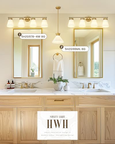 Bathroom Light Fixtures Brushed Gold, HWH 4 Light Vanity Lights Over Mirror, Modern Wall Lamp Bathroom Lighting with Frosted White Striped Glass, 5HZG97B-4W BG - color: Brushed Gold, size: 4-Light