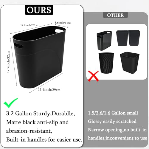 3 Pack Narrow Office Trash Can 3.2 Gallon Slim Waste Basket, Plastic Bathroom Wastebasket Slim Garbage Can Container Bin with Handle for Narrow Spaces Bathroom Bedroom Kitchen Office at Home, Black - color: Black
