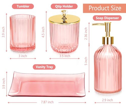 Haturi Bathroom Accessories Set, 4 Pcs Pink Glass Bathroom Accessories Sets Complete w/Lotion Soap Dispenser, Toothbrush Holder, Apothecary Jar, Vanity Tray, Bathroom Decor, Gift for Home Apartment | Kit w/ Bathroom Soap Dispenser Set, Toothbrush Holder,