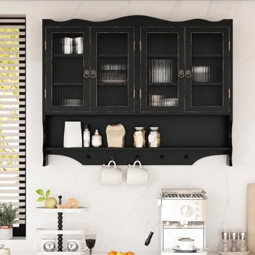 KEIKI 39.37" L Wall Mounted Kitchen Sideboard Cabinet with 4 Glass Door, 5 Hook Rack, 4 Layers Shelves, Retro Storage Buffet Medicine Cabinet for Bathroom, Dining Rooms, Entryway, Solid Wood, Black - color: Antique Black, size: Large
