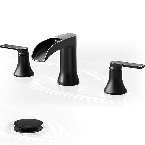 Waterfall Bathroom Sink Faucet, Brass Black Bathroom Faucet, 4-8 Inch 2 Handles Widespread Bathroom Faucets for Sink 3 Hole Vanity Lavatory Farmhouse RV with Pop Up Drain and Supply Hose - color: Matte Black, style: WITH Pop Up Drain
