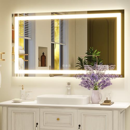 XRAMFY 36"X48"LED Bathroom Mirror, Backlit + Front Lit Wall Mirror | LED Bathroom Mirror with Lights for Wall, 3 Colors, Anti-Fog, Dimmable Brightness, Tempered Glass - size: 48"L x 36"W