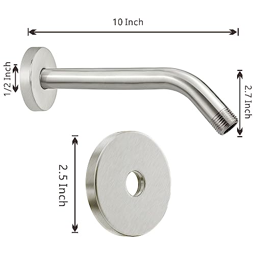 Voolan Shower Arm with Flange and Teflon Tape, Extension Shower Head Arm for Bathroom Fixed Shower Head, Solid Stainless Steel, Wall Mounted (10 Inch,Brushed Nickel) - color: Brushed Nickel, style: 10 Inch