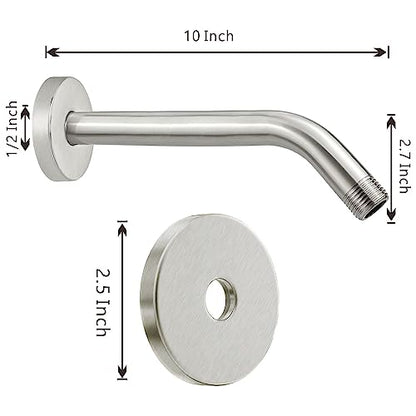 Voolan Shower Arm with Flange and Teflon Tape, Extension Shower Head Arm for Bathroom Fixed Shower Head, Solid Stainless Steel, Wall Mounted (10 Inch,Brushed Nickel) - color: Brushed Nickel, style: 10 Inch