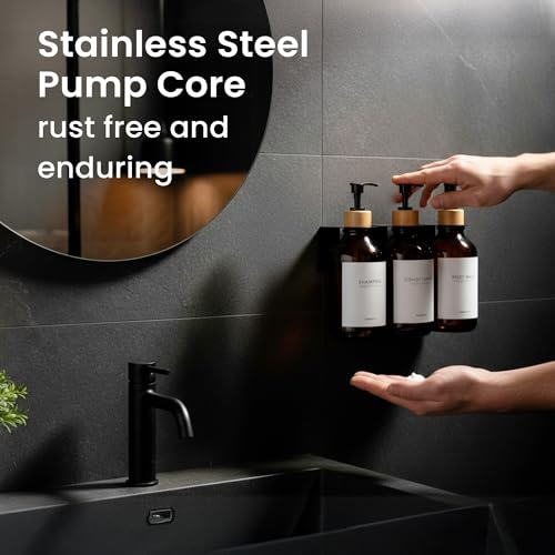 MaisoNovo Shampoo and Conditioner Dispenser|Refillable Amber Bamboo 3-Pack | 500 ml Shower Gel Dispenser Set of 3. Refillable Shampoo and Conditioner Bottles. Drill Free Secure Design. Amber Bamboo - color: Amber Bamboo Set of 3