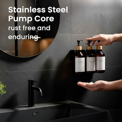 MaisoNovo Shampoo and Conditioner Dispenser|Refillable Amber Bamboo 3-Pack | 500 ml Shower Gel Dispenser Set of 3. Refillable Shampoo and Conditioner Bottles. Drill Free Secure Design. Amber Bamboo - color: Amber Bamboo Set of 3