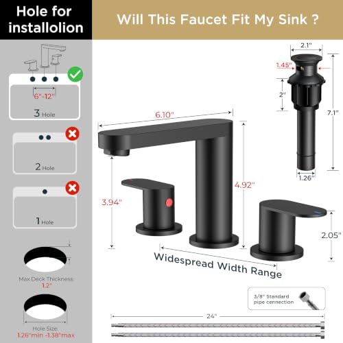 QFN Bathroom Faucet 3 Hole 8 Inch Widespread Vanity Sink Faucet Matte Black | 304 Stainless Steel Bathroom Sink Faucet with Pop-up Drain, 6-12 Inch 3 Hole Install, for RV Laundry Farmhouse Restroom Sink - color: Matte Black, style: Round