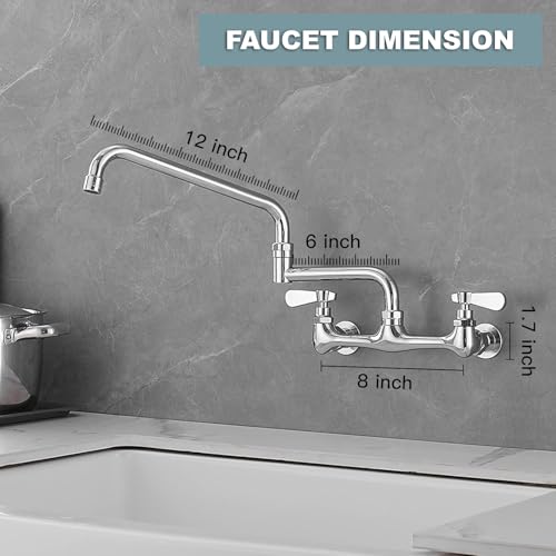 Commercial Wall Mount Kitchen Faucet 18" Swing Spout, Chrome | Lead-Free Brass,Two Handle Hot/Cold Mixer,8" Center,with Add-on Swing Spout,3 Compartment Sink, Restaurant & Laundry - size: 18 Inch