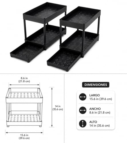 Set of 2 Under Sink Organizer, 2-Tier Black Plastic Storage Rack | Sliding Drawer, For Kitchen and Bathroom