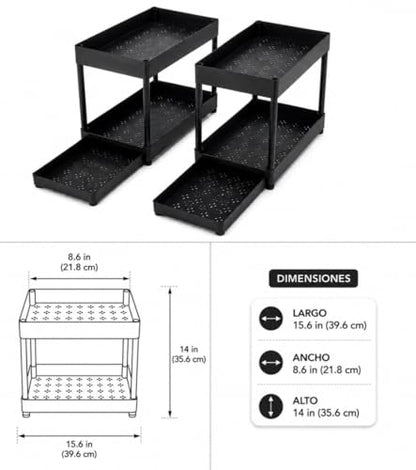 Set of 2 Under Sink Organizer, 2-Tier Black Plastic Storage Rack | Sliding Drawer, For Kitchen and Bathroom