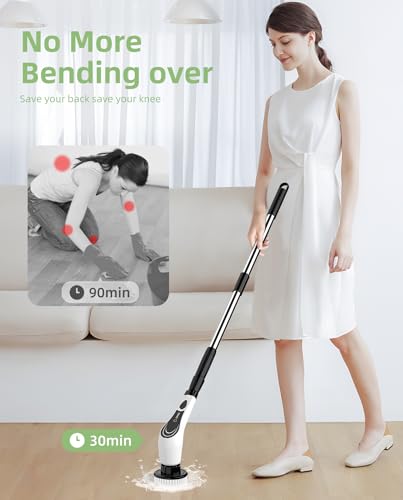Cordless Electric Spin Scrubber, 8-in-1 Bathroom Cleaner | Bathroom scrubber, LED display, dual speeds, IPX7 waterproof, interchangeable heads for grout, tub, shower, wet-dry vacuum - size: 8heads