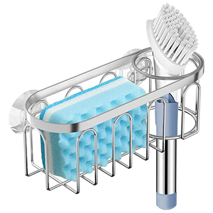 2-in-1 Sponge Holder for Kitchen Sink, Sink Caddy Kitchen Sink Organizer with 3 Suction Cups, No Drill Rustproof Sink Sponge Holder for Dish Brush, Soap & Sponge (Silver) - color: A Style-Silver