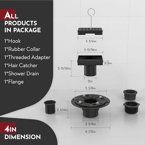 4 Inch Square Shower Drain Black Floor Drain with Flange Square Holes Pattern Cover Grate Removable SUS304 Stainless Steel Watermark&CUPC Certified Matte Black - color: Matte Black, size: 4 Inch