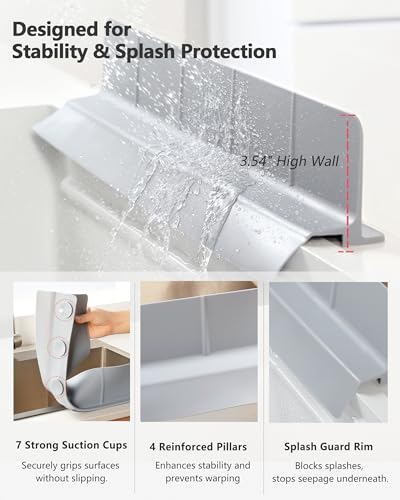 Kitchen Sink Splash Guard 23" 18" 30" Self-Draining Silicone Water Guard with High Splash Wall & Strong Suction Cups for Faucet, Countertop & Sink Edge, Keeps Sinks Dry, Dishwasher Safe, Gray - color: Gray, size: 23" x 3.5"