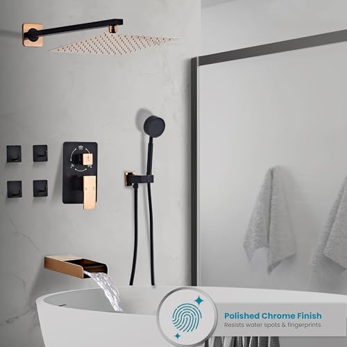 Black Gold Shower Tub Faucet Set, Wall Mounted 10 Inch Shower Heads with Handheld Spray Combo and Tub Shower Faucet, Luxury Bathroom Square Rain Shower System - 4 Hooks - color: Black Gold, style: 10 Inch with Tub Spout