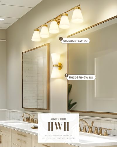 Bathroom Light Fixture, HWH 5-Light Bathroom Vanity Light Brushed Gold Vanity Lighting Over Mirror, Modern Vanity Lights with Frosted White Striped Glass, 5HZG97B-5W BG - color: Brushed Gold, size: 5-Light