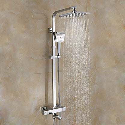 Thermostatic Rainfall Shower System, Brass Wall Mounted Shower Set with Shower Head Square Overhead Mixer Tap, Modern Shower Mixer Set for Bathroom