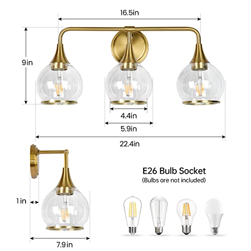 Gold Bathroom Vanity Light 3-Lights Bathroom Light Fixtures Over Mirror with Clear Glass Shade 22.4 inch Wall Sconce Lighting Bath(Exclude E26 Bulb) - color: Gold, size: 3 Light