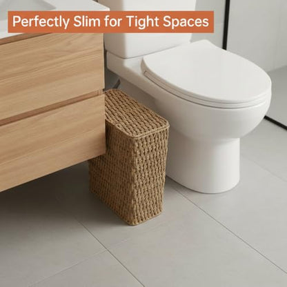 Coeusy 3 Gallon Paper Rope Bathroom Trash Can,Small Wicker Trash Cans with Lid and Liner,Woven Rattan Narrow Waste Basket for Bedroom,Office,Natural - color: Natural