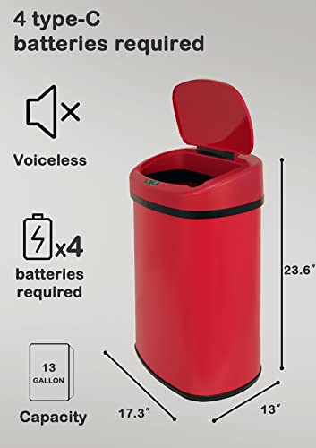 13 Gallon/50 L Kitchen Trash Can with Lid, Stainless Steel Garbage Can with Touch-Free Lid, Cute Trash Can Automatic Trash Can Bathroom Trash Can with Lid, Motion Sensor Trash Can Brushed Finish - color: Red