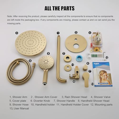 Iriber Shower System Wall Mounted Shower Faucet Mixer Set with Luxury High Pressure Shower head and 3-Setting Handheld, Bathroom Shower Trim Kit Contain Pressure Balance Valve,Brushed Gold - color: Brushed Gold