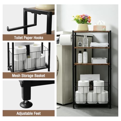 Freestanding Toilet Paper Holder with Storage Wood Shelf Adjustable Feet | Bathroom Toilet Paper Stand Holder with Extra Roll Storage Basket Narrow Side Tissue Holder For Bathroom Laundry Room