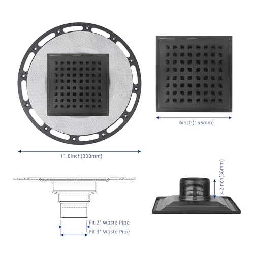 6-Inch Square Shower Drain Kit with Bonding Flange, Matte Black | Removable 304 stainless steel grate with hair strainer; fits 2- and 3-inch pipes for tiled shower floors and wet areas - size: 6in-Black
