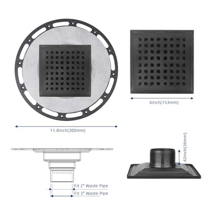 6-Inch Square Shower Drain Kit with Bonding Flange, Matte Black | Removable 304 stainless steel grate with hair strainer; fits 2- and 3-inch pipes for tiled shower floors and wet areas - size: 6in-Black