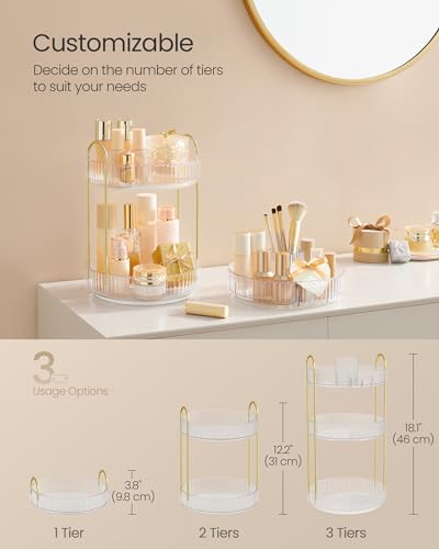 SONGMICS Makeup Organizer, 3-Tier Countertop, Customizable | Customizable skincare organizer countertop, round rotating, toiletries vanity organizer, lazy Susan, gift UJKA011W02 - color: Transparent, style: Round