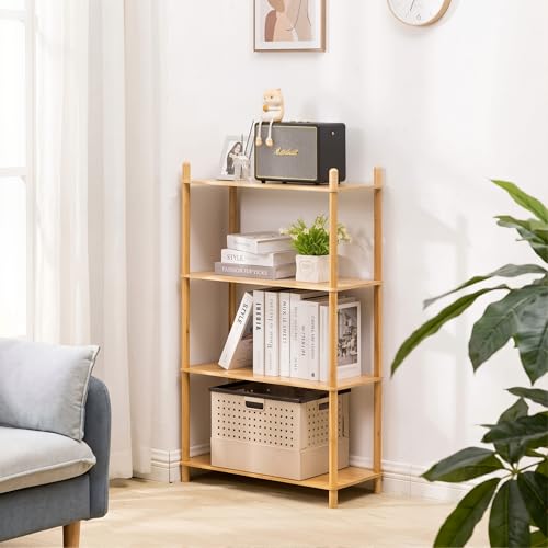 4-Tier Expandable Freestanding Open Bamboo Book Shelf - No-Tool Assembly & Modular,Bathroom Storage Shelf Unit Plant Stand for Small Space, Bedroom, Living Room, Home Office (Natural, 4-Tier) - color: Natural 4-tier-1