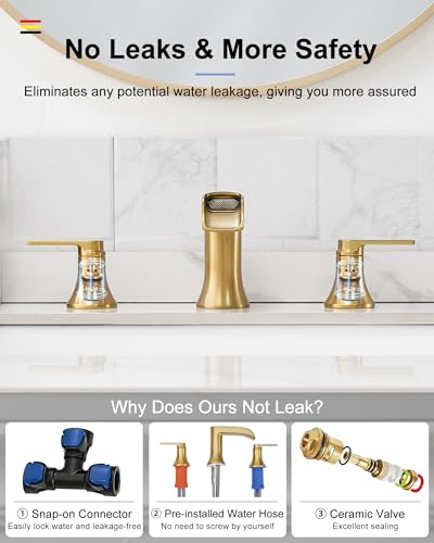 Brushed Gold Bathroom Faucet Waterfall, 4-16 Inch Brass Widespread Faucet for Bathroom Sink 3 Hole, 2 Handle Bathroom Sink Faucets for Modern Farmhouse Hotel with Pop-Up Drain & Supply Hose - color: Brushed Gold, style: WITH Pop Up Drain