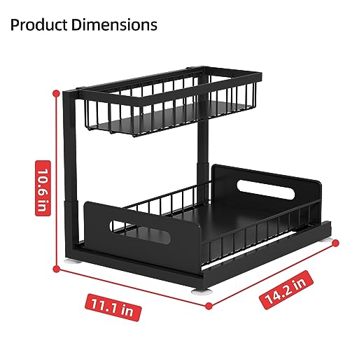 2-Tier Under Sink Slide Out Organizer, Pull Out Cabinet Storage Shelf with Sliding Wire Basket Drawer for Bathroom Kitchen, Countertop or Pantry Shelf, Black