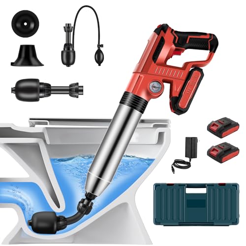 Electric Toilet Plunger with 2 batteries，Drain Clog Remover Tools,High Pressure Air Toilet Plungers Heavy Duty Plunger For Toilet,Bathroom,Floor Drain,Sewer,Pipe，RED - color: 2 Batteries RED