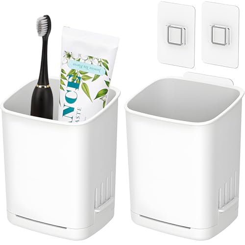 2 Pcs Toothbrush Holder Wall Mounted, No Drilling Toothbrush Holders for Bathroom, Shower Electric Toothbrush and Toothpaste Razor Holder Removable Self Draining for Bathroom Kitchen (White) - color: White