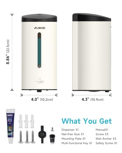 AIKE Automatic Foaming Soap Dispenser 25oz for Bathroom,Mattewhite AK1205FA | Rich Foam and Stainless Steel,No-drill and Screw Wall Mount,5-Level Adjustable and Key for Commercial(Batteries Not Included) - color: Matte White Stainless Steel