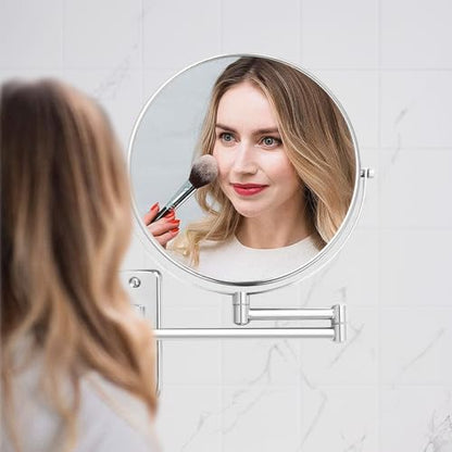 8 inch Wall Mounted Makeup Mirror, 1X/10X Magnifying Double-Sided Wall Mount Shaving Mirror (Close-Up 10X) with Extendable Arm, 360° Swivel for Bathroom Vanity, Chrome (No Light) - color: Chrome