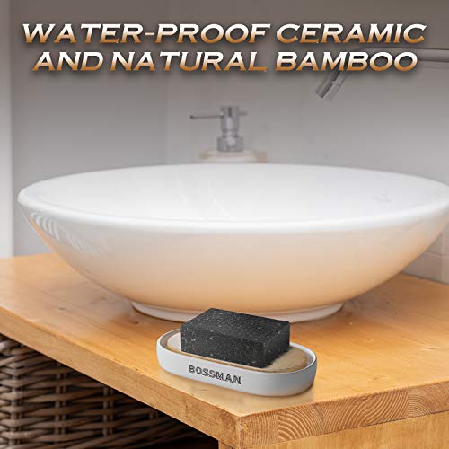 Bossman Soap Dish - Bathroom and Shower Soap Bar Holder - Premium Ceramic Base - Removable Natural Bamboo Soap Tray (White) - color: White
