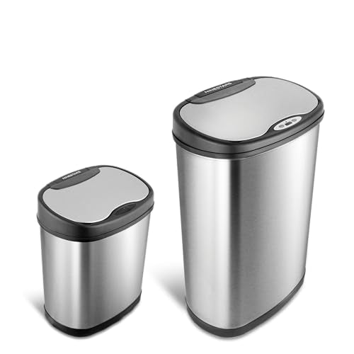 Ninestars Two-Piece Automatic Trash Can Combo Set, 13 Gal (50L) & 3 Gal (12L) Touchless Motion Sensor Garbage Cans with Odor-Sealing Lids, Matching Oval Stainless Steel, Black Trim