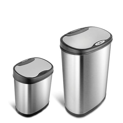 Ninestars Two-Piece Automatic Trash Can Combo Set, 13 Gal (50L) & 3 Gal (12L) Touchless Motion Sensor Garbage Cans with Odor-Sealing Lids, Matching Oval Stainless Steel, Black Trim