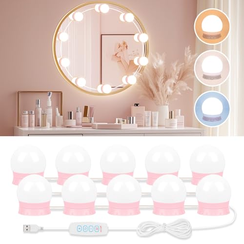 LED Vanity Lights For Mirror, Pink Vanity Light Stick on with 10 Bulbs | 3000K 4000K 6500K & 10 Level Brightness Adjustable USB Cable Hollywood Mirror Lights for Makeup Dressing Room Bathroom - size: 10 Lights (Pink)